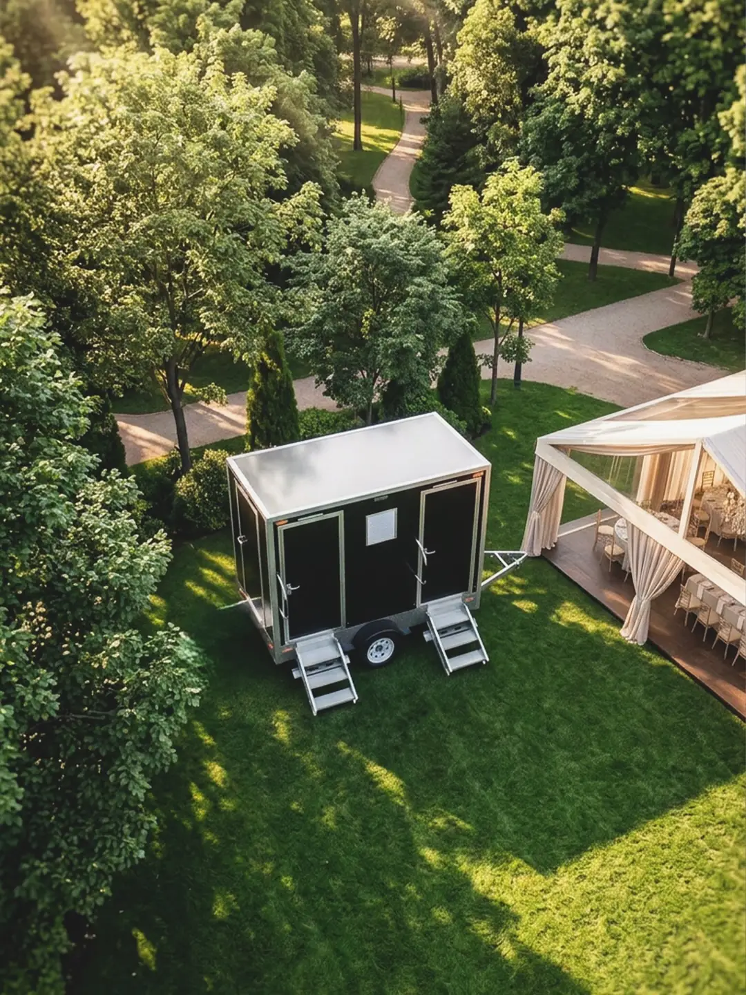 Two-stall restroom trailer set on a green lawn beside a wedding reception tent